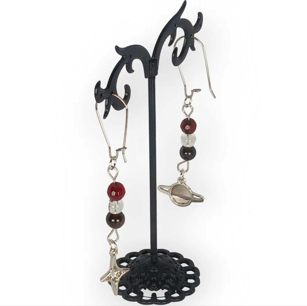 Silver Planet and Star Hypoallergenic Earrings Obsidian Agate Clear Quartz 60s